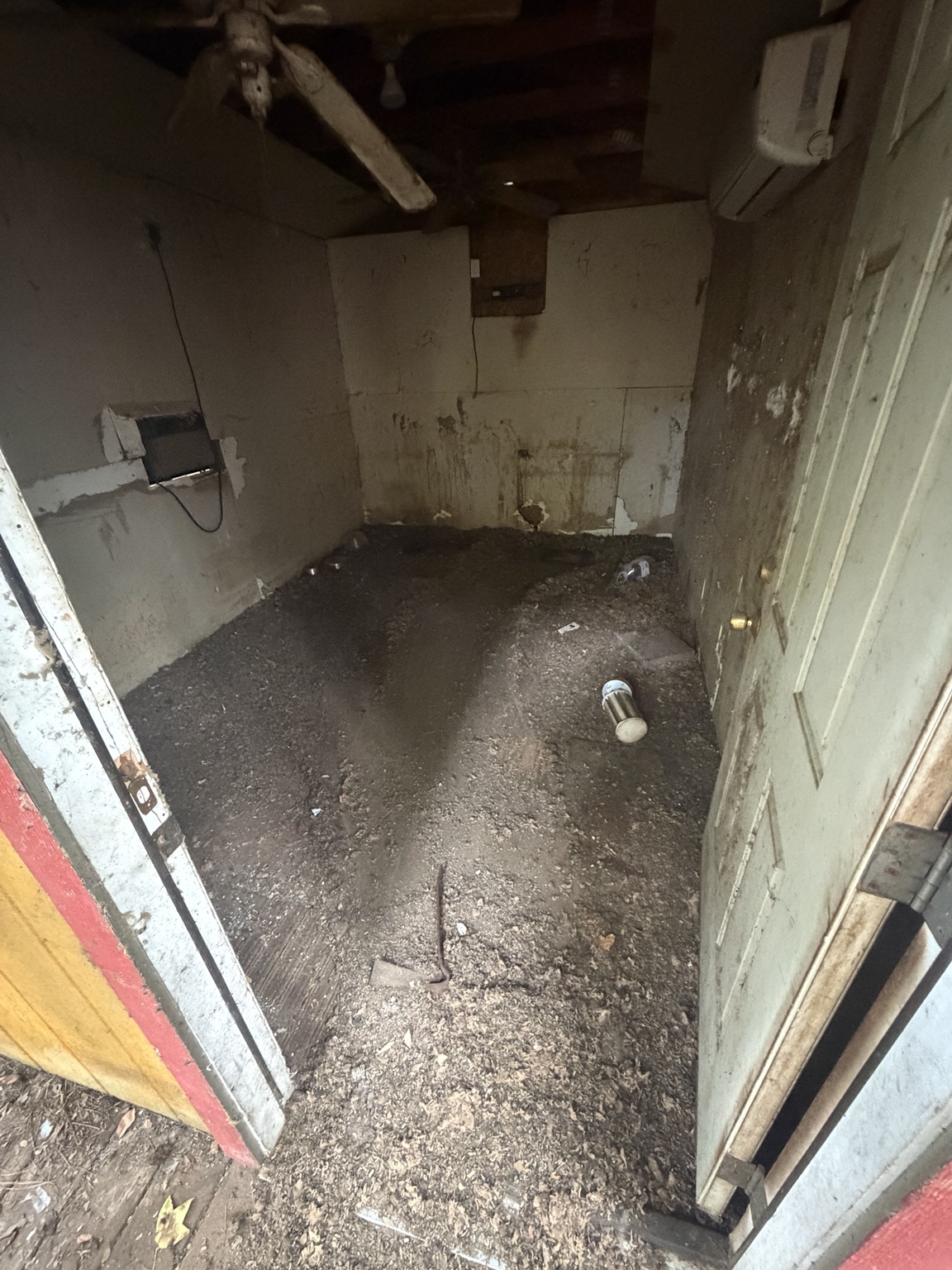 Shed floor and doorway after junk removal at the property